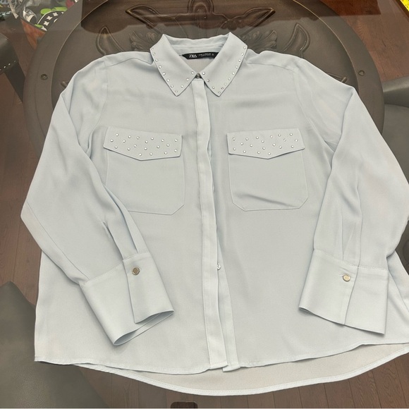 💎Zara Light Blue Rhinestone Detail  Shirt Med - Picture 3 of 13